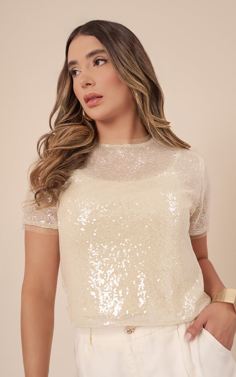 BLUSA LENTEJUELAS MANGA CORTA