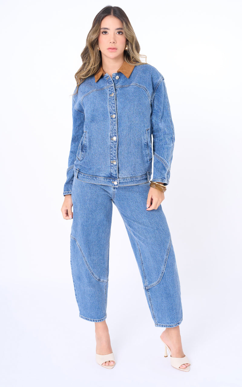 CONJUNTO CHAQUETA Y JEANS BARREL CON SUEDE