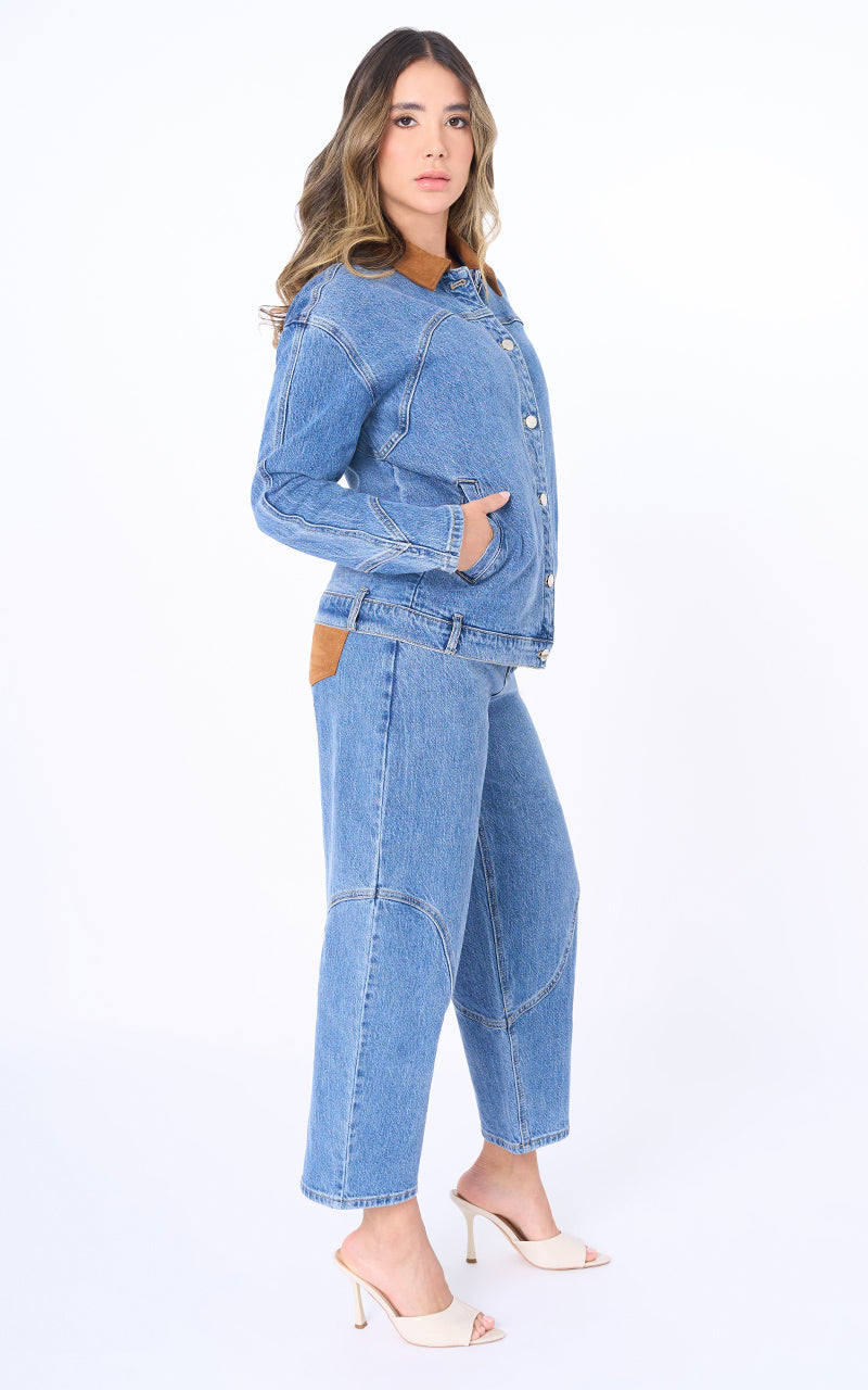 CONJUNTO CHAQUETA Y JEANS BARREL CON SUEDE