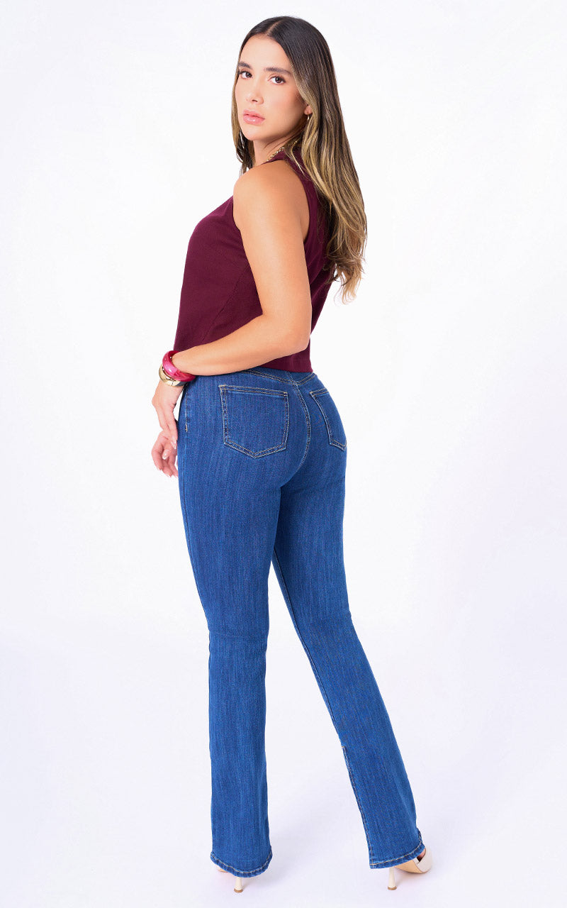 Jeans Flare Tiro Alto Azul Medio