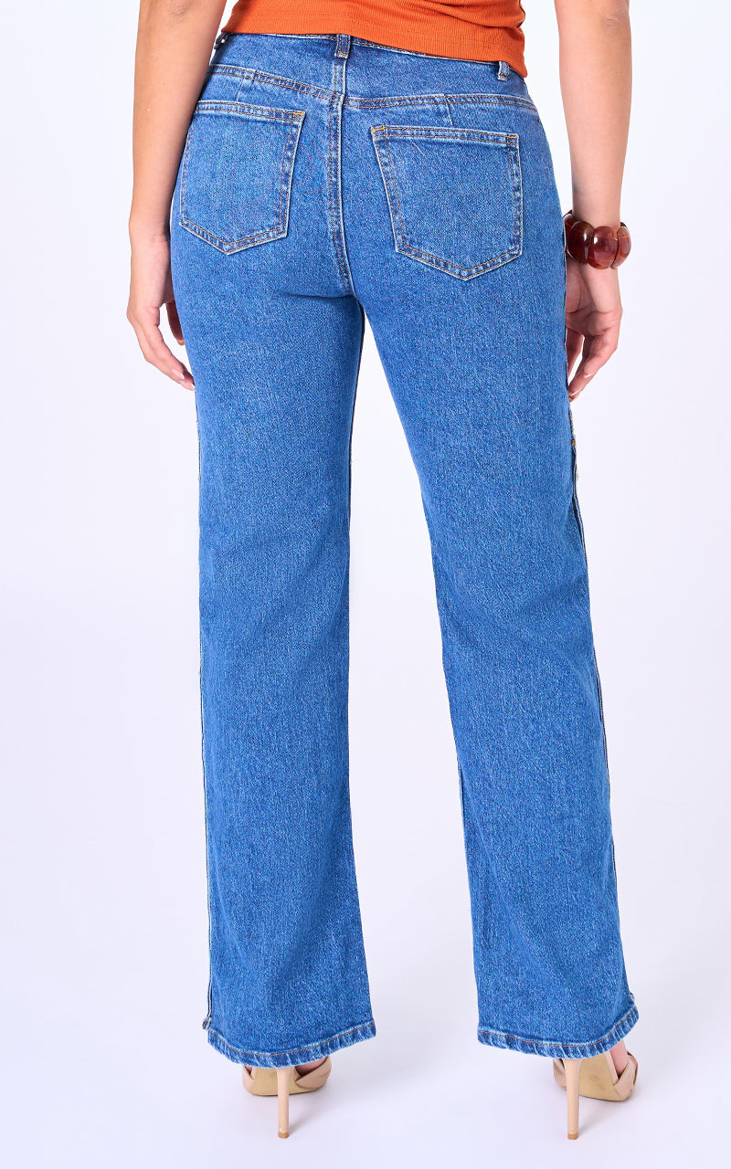 Jeans straight tiro alto azul medio