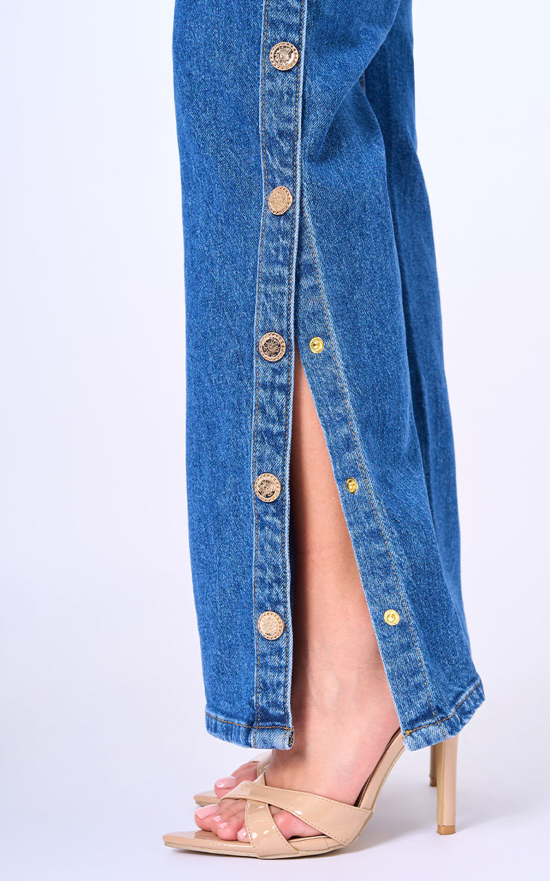 Jeans straight tiro alto azul medio