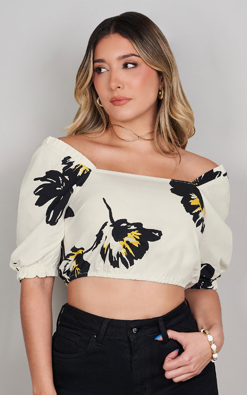 トップス A Floral Stroke Top – Top estampado manga 3/4 tropical | Bonage