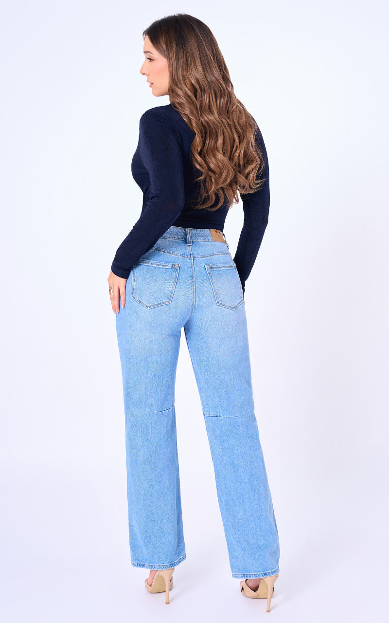 Jeans Straight Tiro Alto Denim Azul Claro