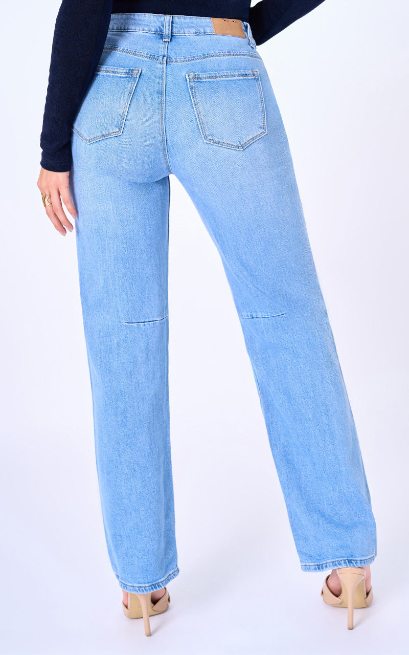 Jeans Straight Tiro Alto Denim Azul Claro