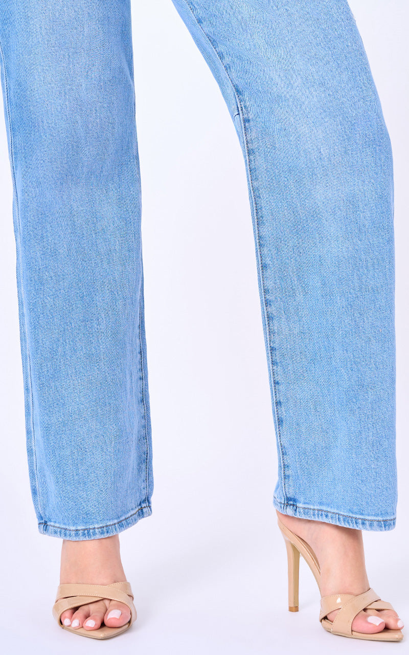 Jeans Straight Tiro Alto Denim Azul Claro