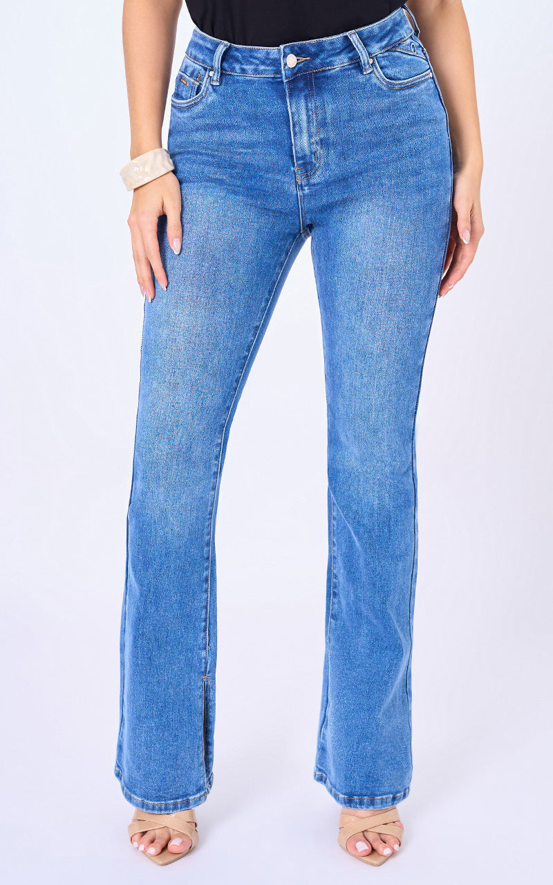 Jeans Flare Tiro Alto Azul Medio