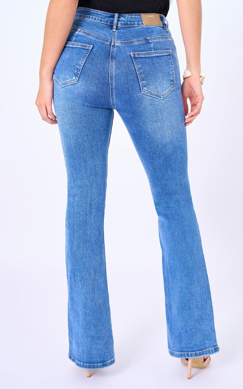 Jeans Flare Tiro Alto Azul Medio