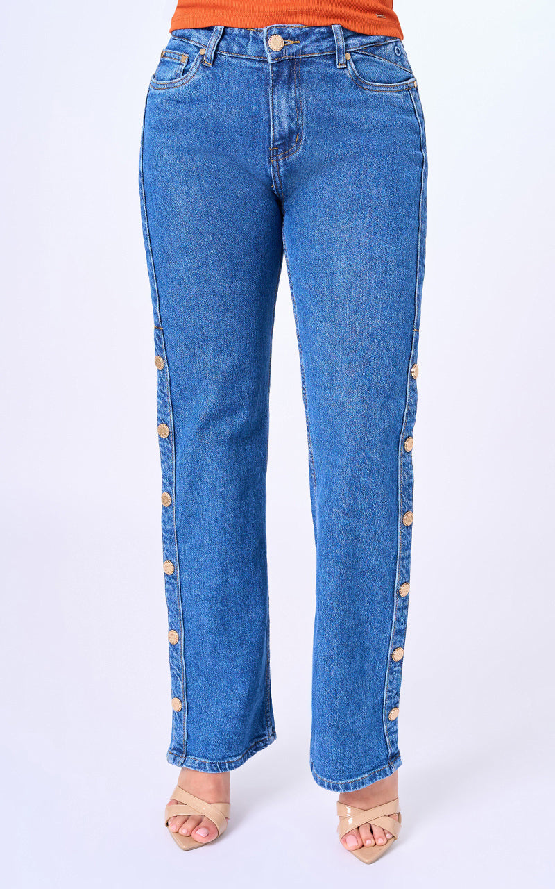 Jeans straight tiro alto azul medio