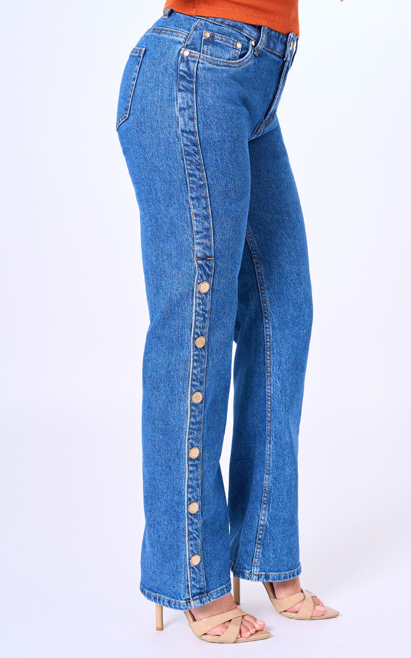 Jeans straight tiro alto azul medio