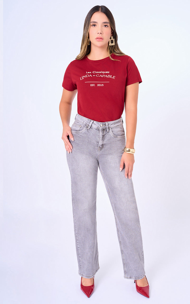 Jeans Straight Tiro Alto Gris