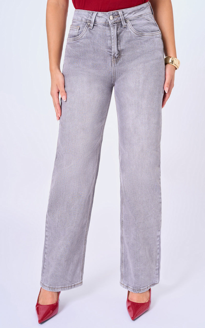 Jeans Straight Tiro Alto Gris