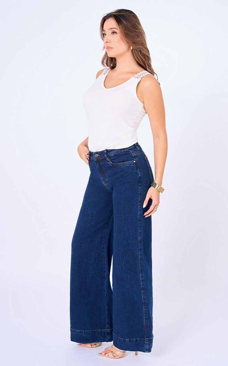 Jeans Palazzo Tiro Alto Azul